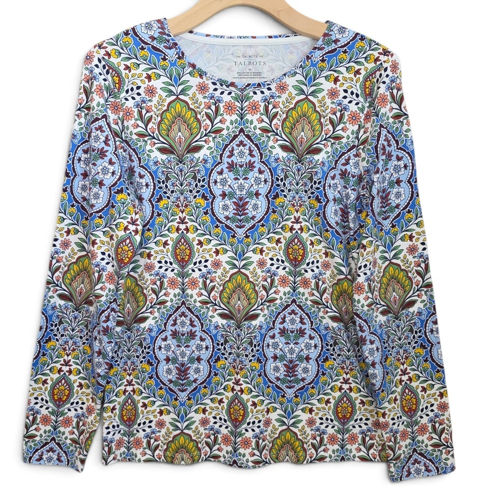 Talbots Top Womens Medium Blue Floral Medallion Long Sleeve Cotton Stretch Tee